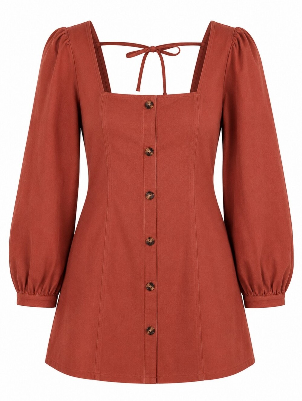 NWT D.ARK Rust Cotton Square Neck Puff Sleeve Button Front Mini Dress S Western
